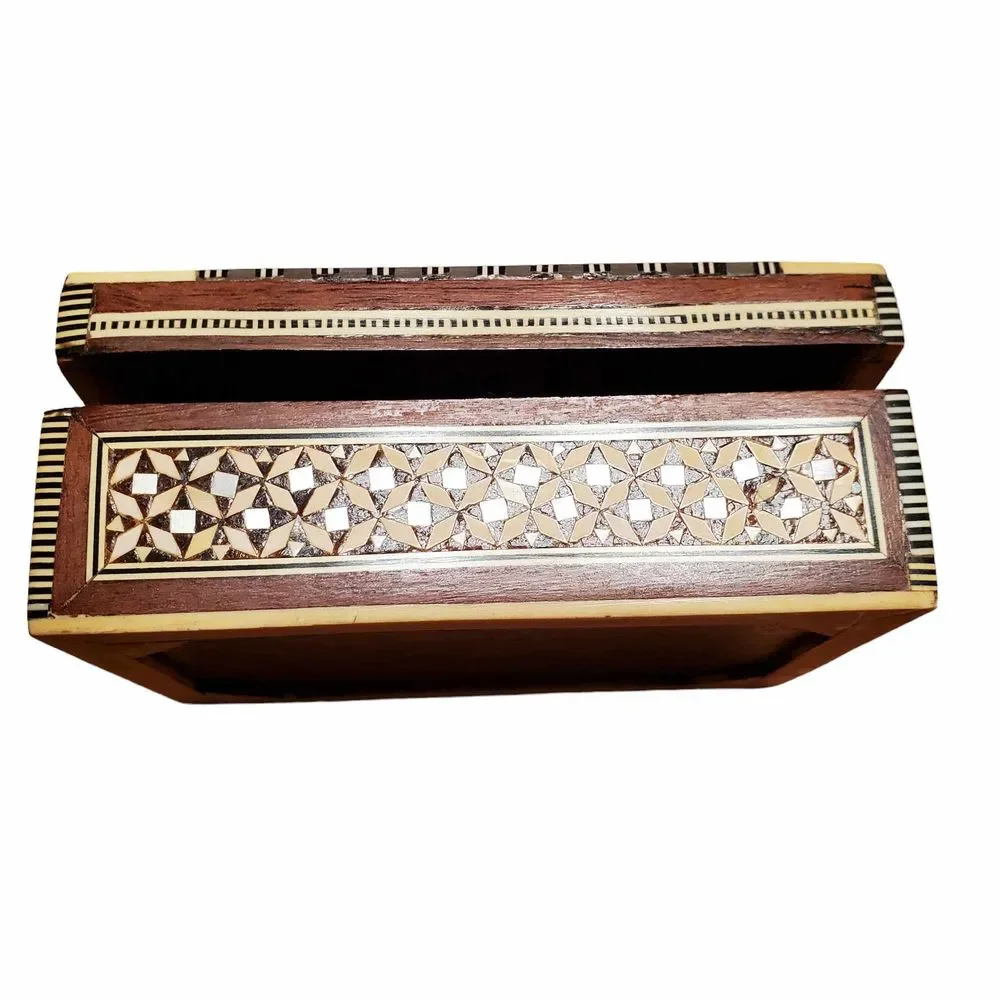 Vintage 1950s Handmade Pearl Bone Wood Inlaid Marquetry Jewelry Box